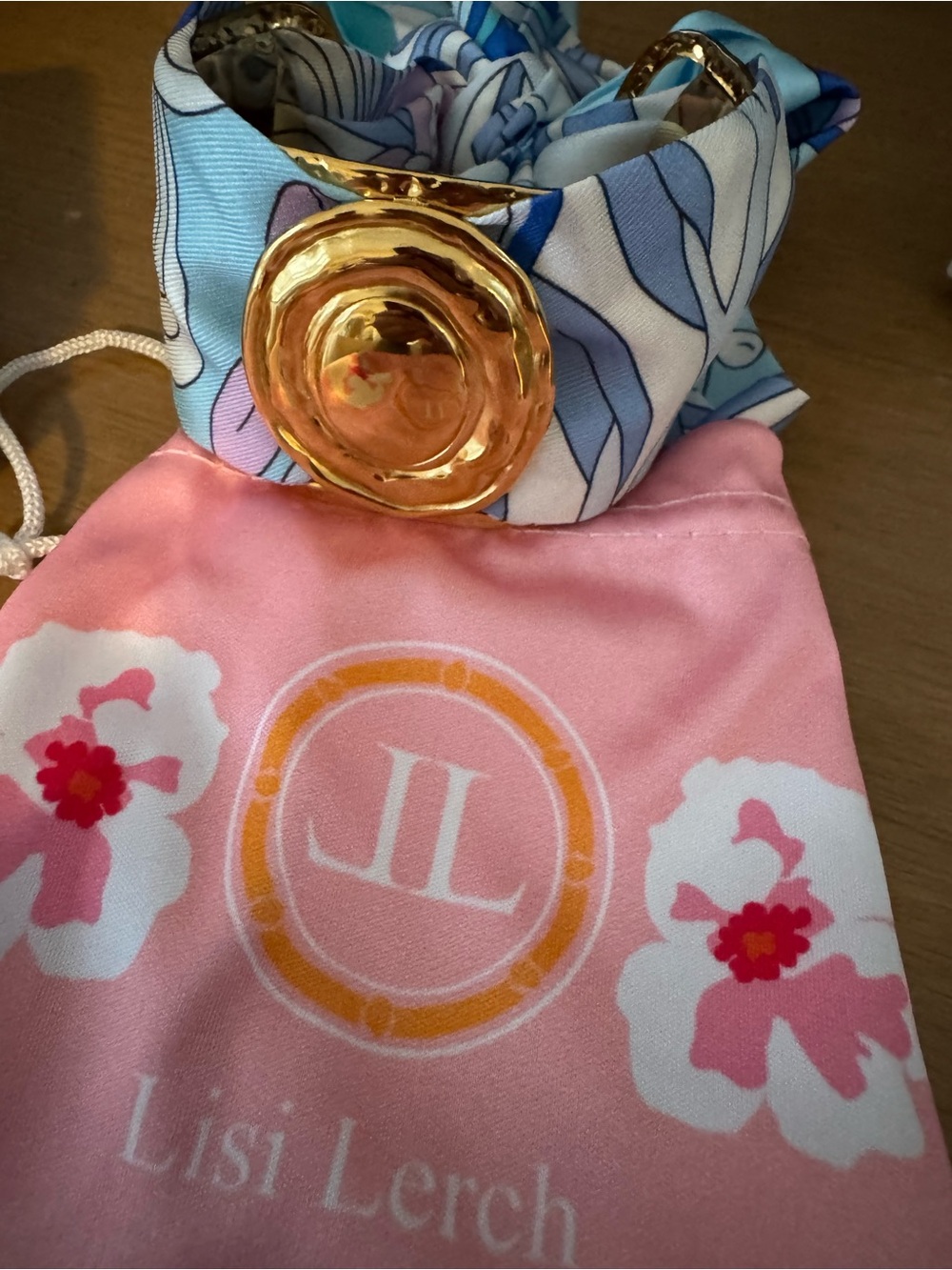 Lisi Lerch Blue & Pink Silk Wrap Bracelet with Gold Disc Accent